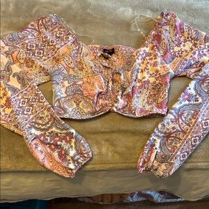 Rue21 Pink Paisley Long Sleeve Smocked Crop Top
